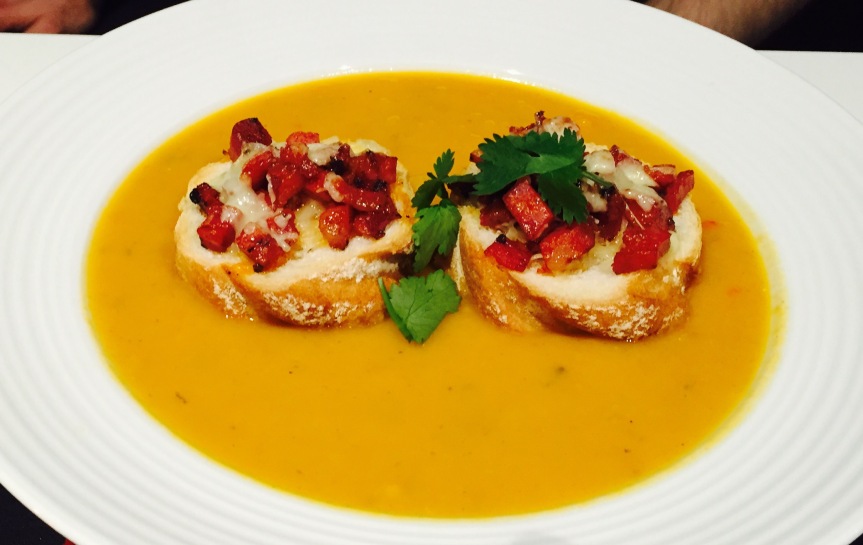 Spiced Butternut Squash Soup with Chorizo Cheese Croutons